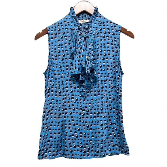 Tucker Sleeveless Ruffle Neck Silk Blouse Keyhole Casual Chic Blue Print Size S - Picture 2 of 8
